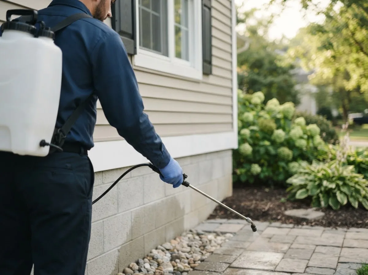 Pest control technician inspecting a home in Eustis, NE